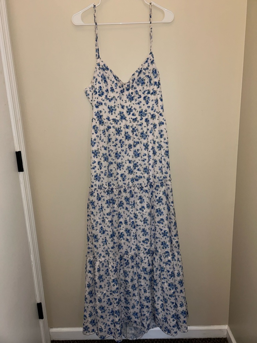 Altar'd State White Maxi Dress with Blue Floral Print